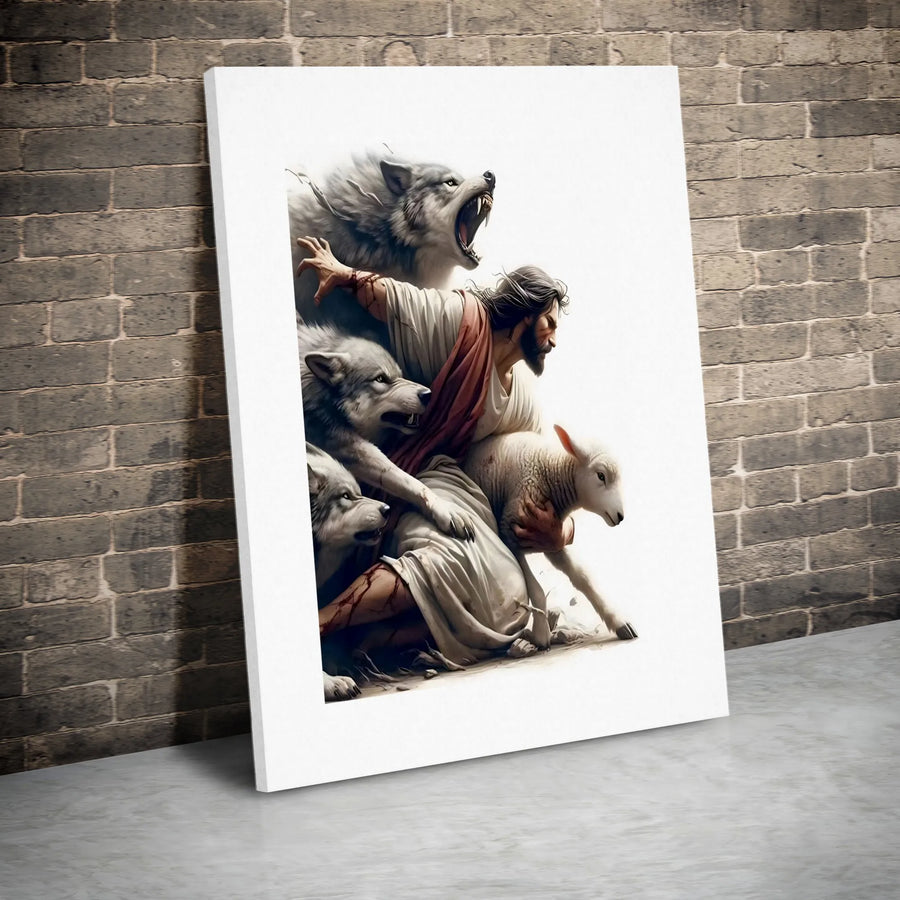 Jesus Protecting Lamb Canvas | Faith Based Wall Art | Premium Gallery Wrapped Print | Religious Home Decor Gift for Believers