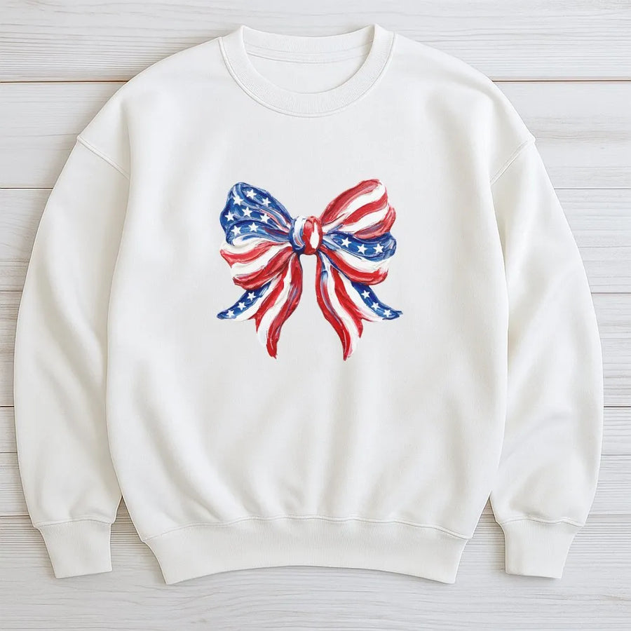 American Flag Bow Sweatshirt | Coquette Patriotic Graphic Pullover | Soft Unisex Crewneck | 4th of July Independence Day Gift for Her