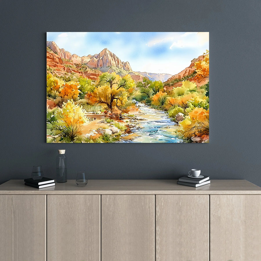 Zion National Park Canvas Print | Watercolor Landscape River Art | Premium Gallery Wrap 1.25 inch | Nature Lover Home Decor Gift
