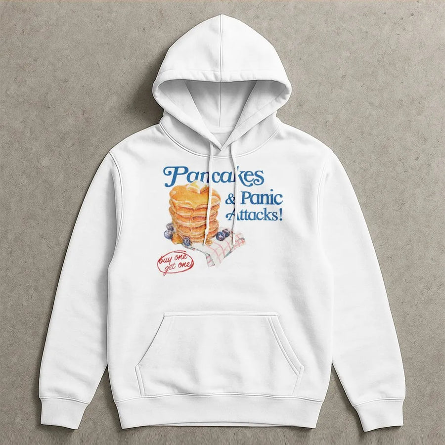 Pancakes & Panic Attacks Hoodie | Funny Breakfast Graphic Aesthetic | Premium Cotton Blend | Gift for Anxiety Humor & Brunch Lovers
