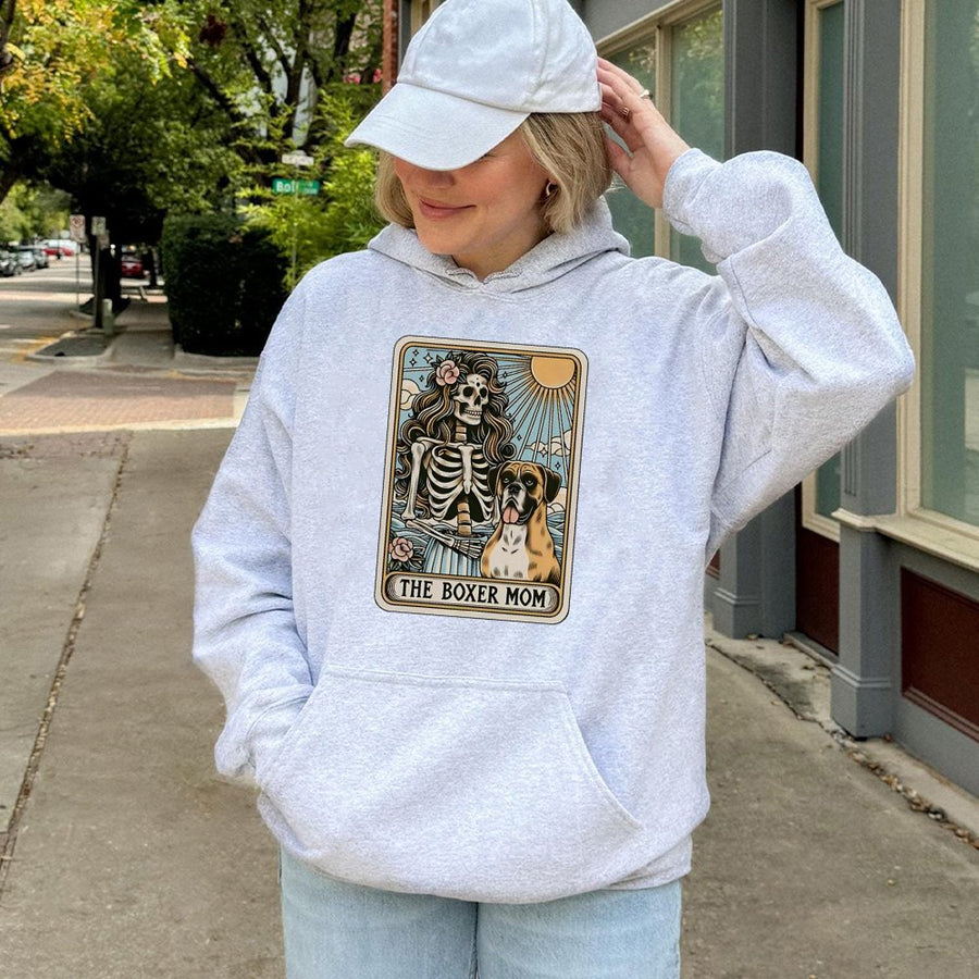 Boxer Mom Hoodie | Tarot Card Graphic Dog Lover Gift | Premium Cotton Blend Pullover | Cute Aesthetic Dog Owner Apparel for Women