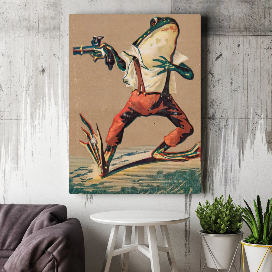 Frog With Gun Canvas Print | Vintage Anthropomorphic Pistol Art | Premium Gallery Wrapped Canvas | Unique Goblincore Home Decor Gift
