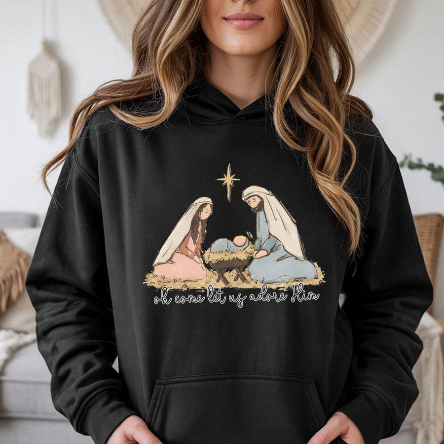 Nativity Scene Hoodie | Oh Come Let Us Adore Him Graphic | Premium Cotton Blend Sweatshirt | Christian Christmas Gift for Women and Men