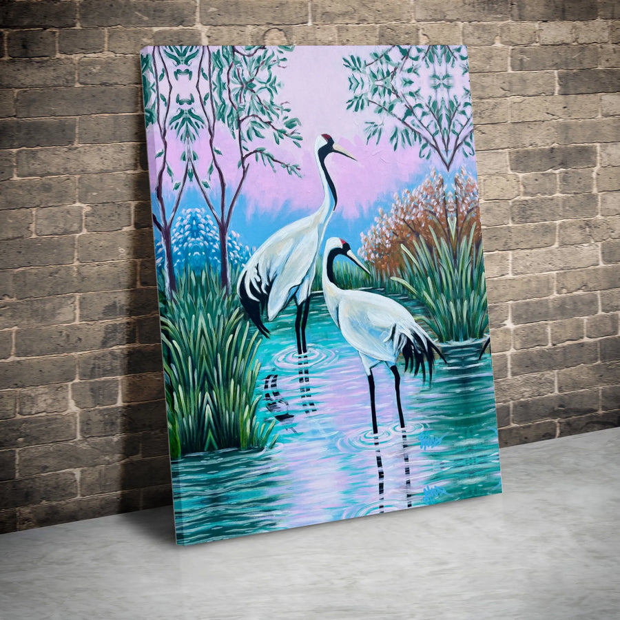 Japanese Crane Wall Art Canvas Print | Serene Red-Crowned Crane Painting | Premium Gallery Wrapped Canvas | Zen Inspired Home Decor Gift