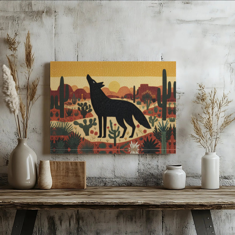 Southwestern Coyote Canvas Wall Art | Folk Art Howling Coyote Print | Premium Gallery Wrapped Canvas | Southwest Home Decor Gift