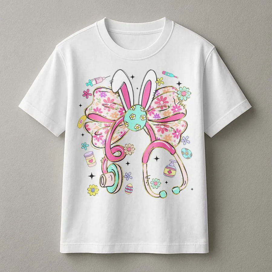 Nurse Easter T-Shirt | Stethoscope Bunny Ears Floral Bow Graphic | 100% Cotton Premium Tee | Cute RN Nursing Student Spring Gift