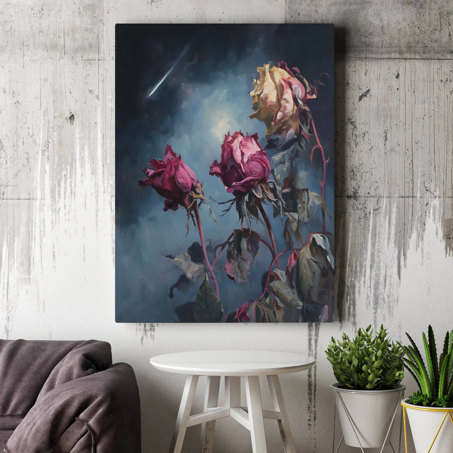 Dark Moody Rose Wall Art | Wilting Roses Under Shooting Star Painting | Premium Gallery Canvas | Gift for Botanical & Celestial Art Lovers