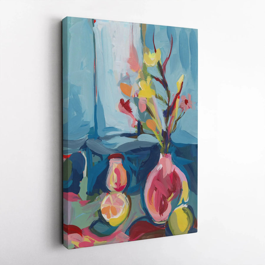 Abstract Still Life Vertical Canvas | Vibrant Floral and Fruit Painting | Premium 1.25" Thick Gallery Wrap | Modern Living Room Wall Art Gift