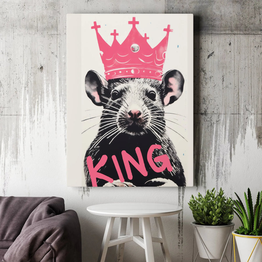 King Rat Canvas Wall Art | Urban Graffiti Style Pink Crown Print | Premium Gallery-Wrapped Decor | Unique Gift for Animal Lovers