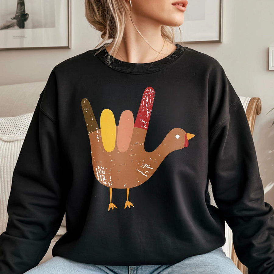 Thanksgiving Turkey Sweatshirt | Funny Sign Language Rock On Graphic | Premium Cotton Blend | Unisex Holiday Gift for Men and Women