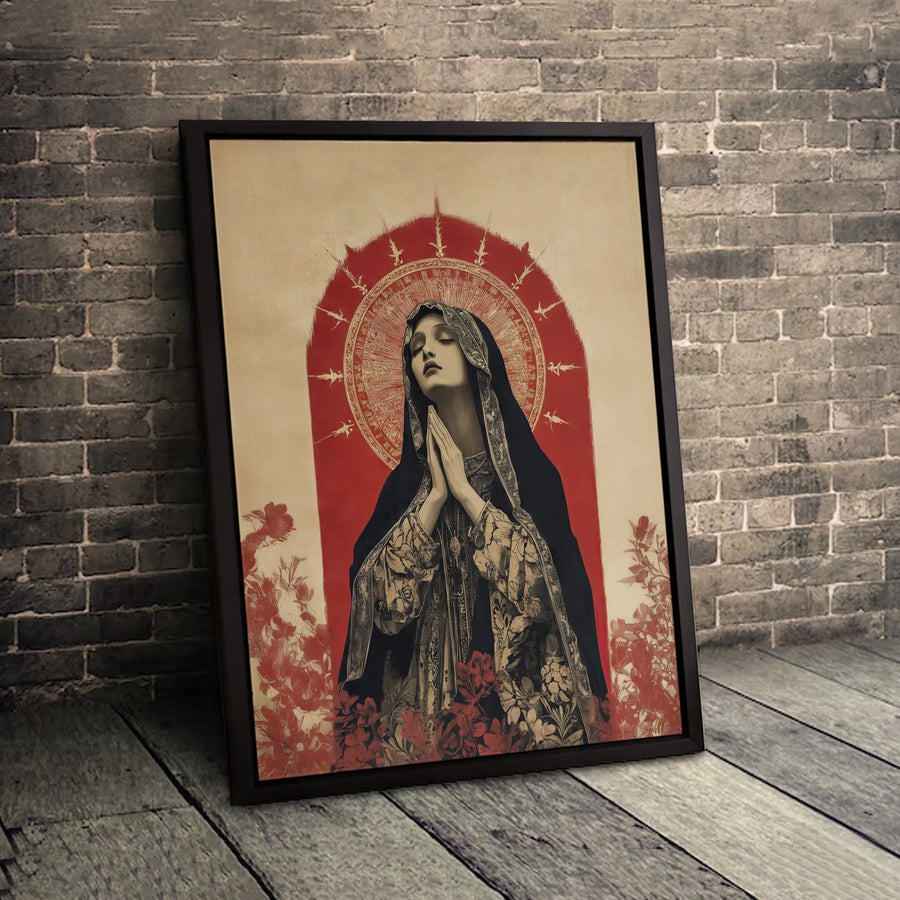 Religious Madonna Wall Art | Praying Woman With Red Halo Portrait | Premium Gallery Wrapped Canvas | Spiritual Home Decor Gift