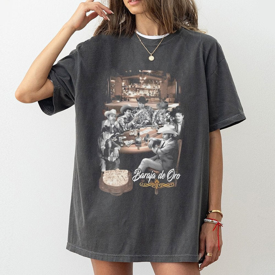 Baraja De Oro Graphic T-Shirt | Mexican Western Poker Design | Premium 100% Cotton | Stylish Gift For Men And Corridos Fans