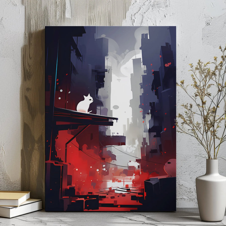 White Cat Canvas Wall Art | Cyberpunk Dystopian Cityscape Print | Gallery Wrapped Premium Decor | Modern Minimalist Gift For Cat Lovers