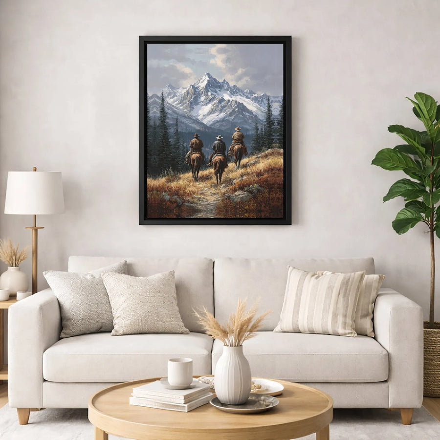 Western Cowboy Canvas Art | Three Riders In Snowy Mountains | Premium Gallery-Wrapped Print | Rustic Farmhouse Home Decor Gift