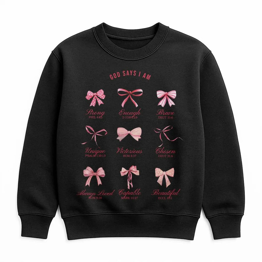 God Says I Am Sweatshirt | Christian Coquette Aesthetic Bow Design | Soft Cotton Blend | Faith-Based Inspirational Gift For Women