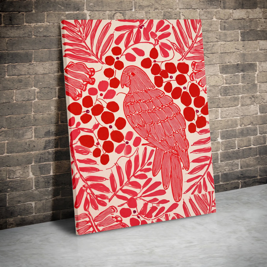 Red Parrot Canvas Wall Art | Modern Botanical Bird Illustration | Premium Thick Gallery Canvas | Boho Living Room Decor Gift