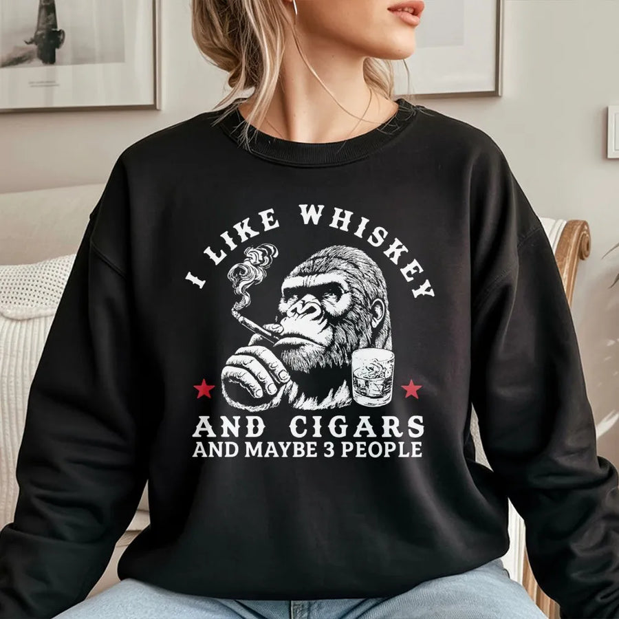 Funny Gorilla Sweatshirt | Whiskey And Cigars Graphic | Premium Cotton Blend Crewneck | Gift For Men Who Like Drinking And Being Alone
