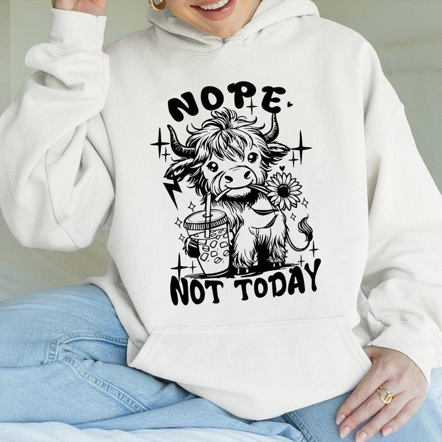 Highland Cow Hoodie | Nope Not Today Coffee Graphic | Premium Cotton Blend | Funny Farm Animal Lover Gift