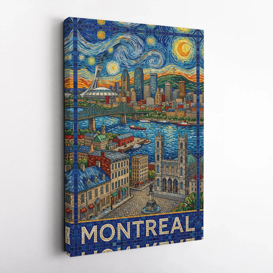 Montreal Canada Wall Art | Starry Night Mosaic Illustration | Premium Gallery Wrapped Canvas | Travel Poster Gift for Quebec Lover