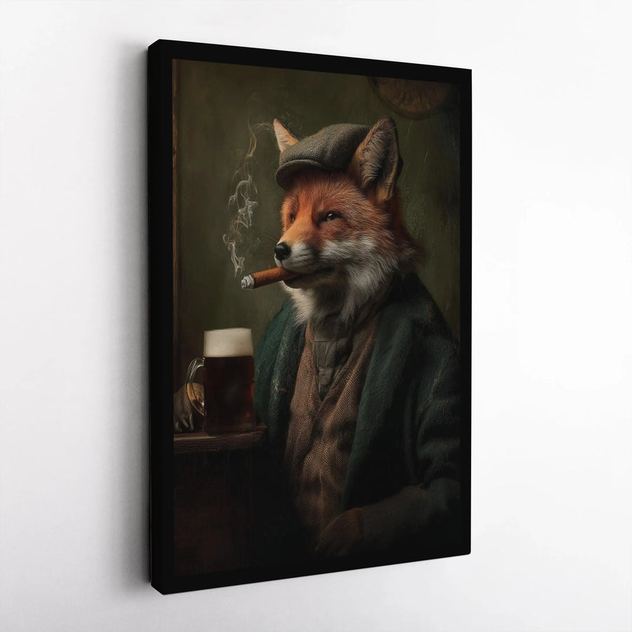 Gentleman Fox Canvas Wall Art | Fox Smoking Cigar Portrait | Premium Gallery Wrapped Canvas | Bar Decor Gift for Men