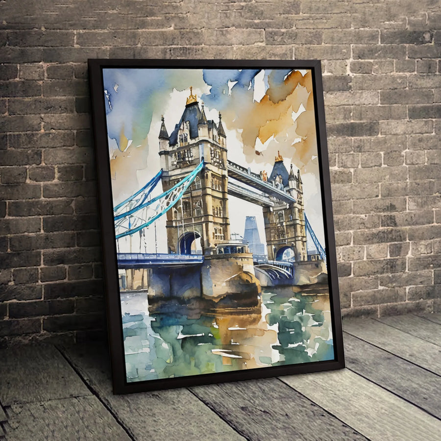 London Tower Bridge Wall Art | Watercolor Cityscape Painting | Premium Gallery Wrapped Canvas | British Travel Decor Gift
