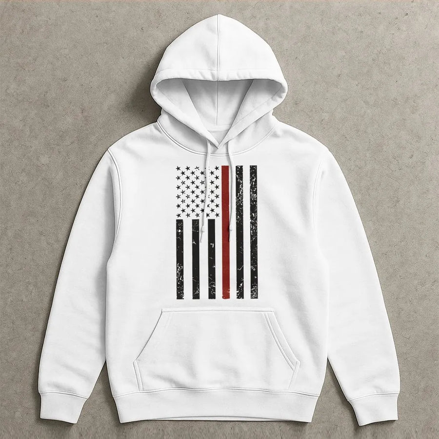 Firefighter Hoodie | Distressed Thin Red Line American Flag Graphic | Cotton-Poly Blend | Premium Gift for Fireman and First Responders