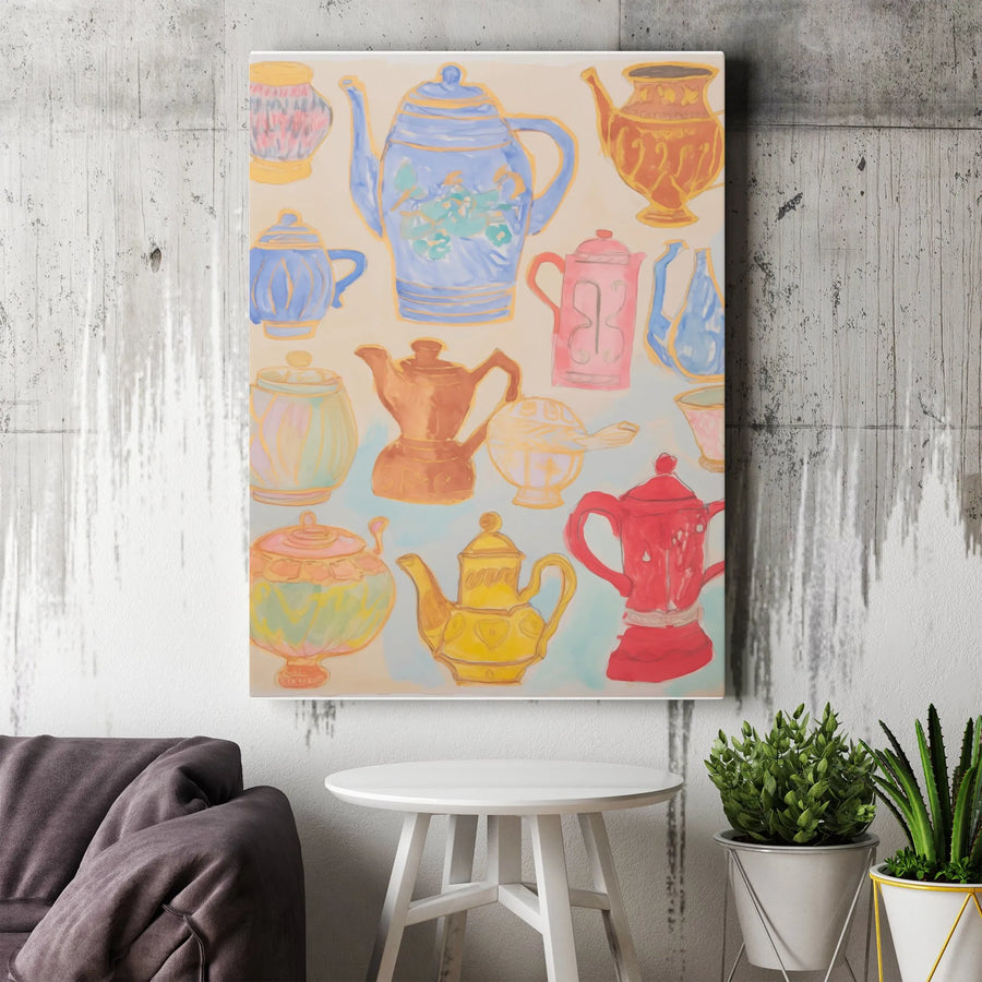 Teapot Wall Art Canvas | Colorful Watercolor Coffee Pot Illustration | Gallery Wrapped Premium Print | Kitchen Decor For Tea Lovers