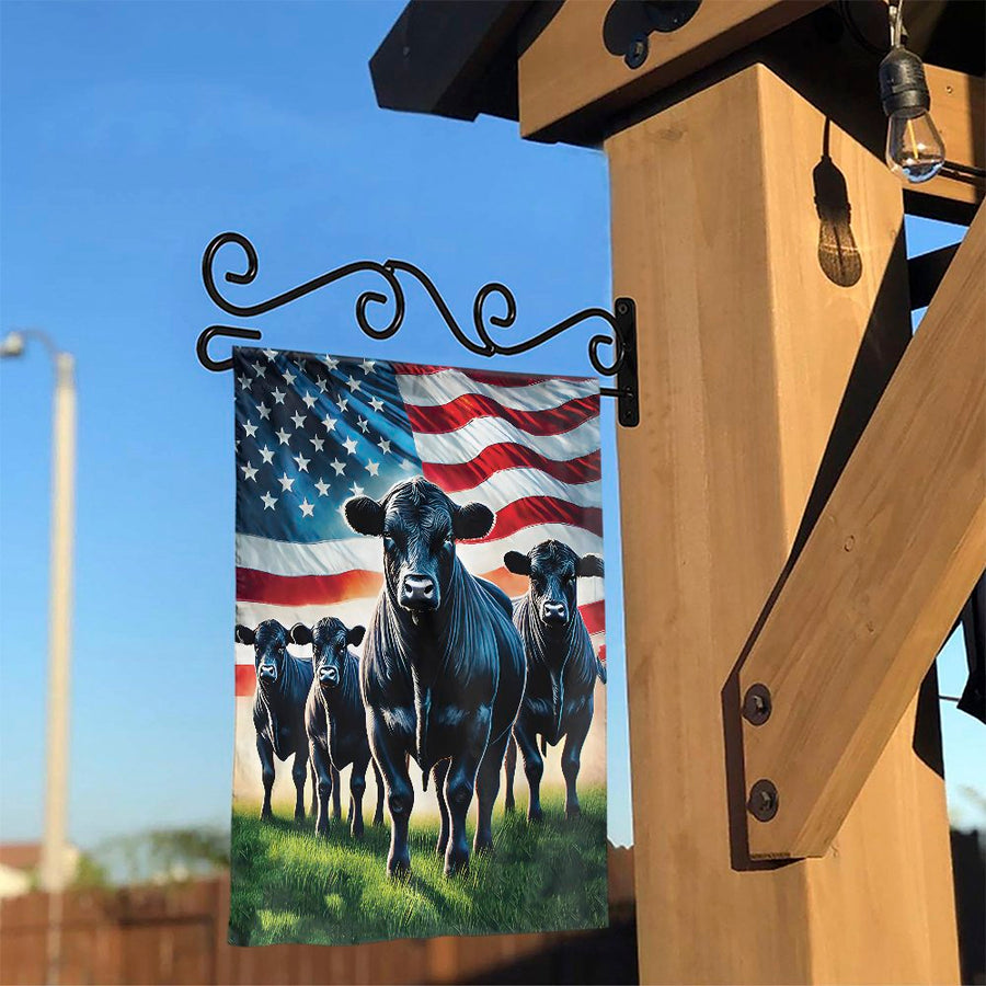 Black Angus Cattle Garden Flag | Patriotic American Flag Farmhouse Decor | Weather-Resistant Polyester | Gift for Cattle Ranchers and Farmers