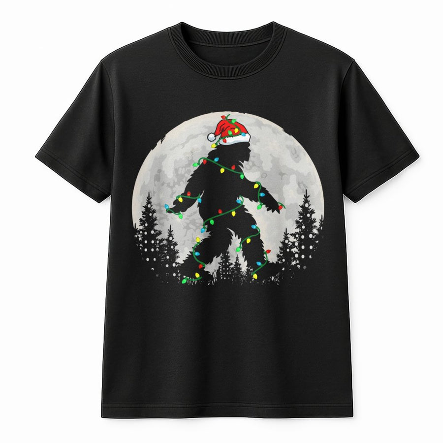 Bigfoot Christmas T-Shirt | Santa Hat Sasquatch With Fairy Lights | Soft Cotton Premium Apparel | Funny Holiday Gift For Bigfoot Lovers