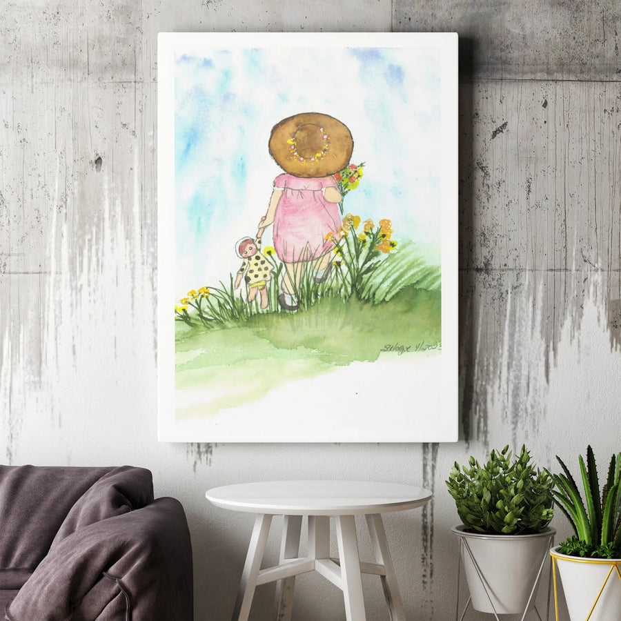 Little Girl with Doll Canvas Wall Art | Watercolor Painting of Girl in Summer Field | Premium Gallery Wrapped Canvas | Nursery Decor Gift for Daughter