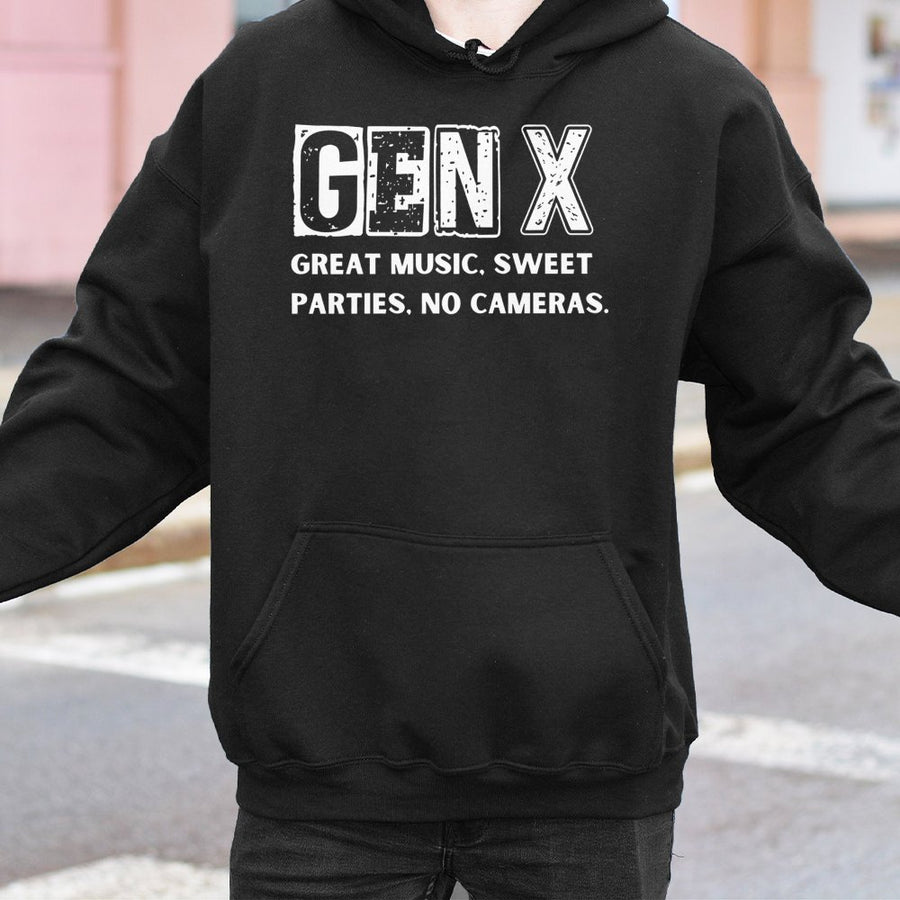 Gen X Hoodie | Great Music Sweet Parties No Cameras Retro Print | Cotton-Polyester Blend | Funny Generation X Birthday Gift For Men And Women