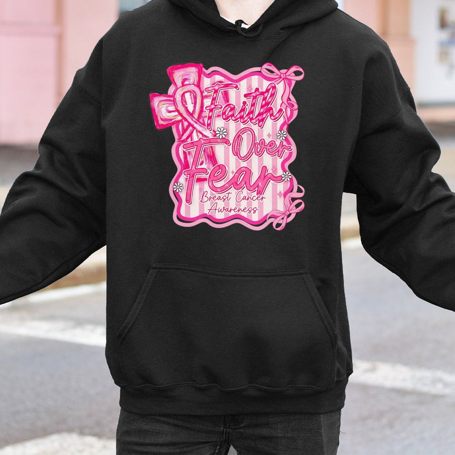 Breast Cancer Awareness Hoodie | Faith Over Fear Coquette Cross Design | Premium Cotton Blend | Gift for Cancer Survivor or Fighter