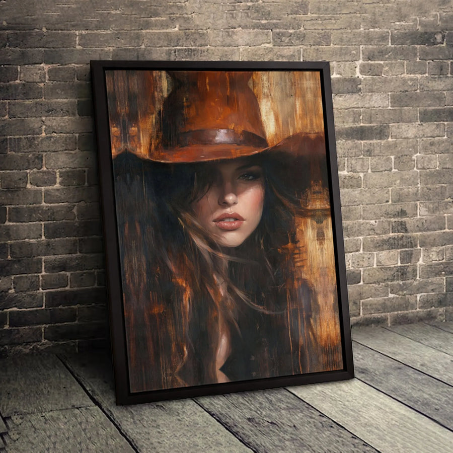 Cowgirl Wall Art Canvas | Moody Western Portrait With Cowboy Hat | Premium Gallery-Wrapped Decor | Southwestern Farmhouse Home Accent
