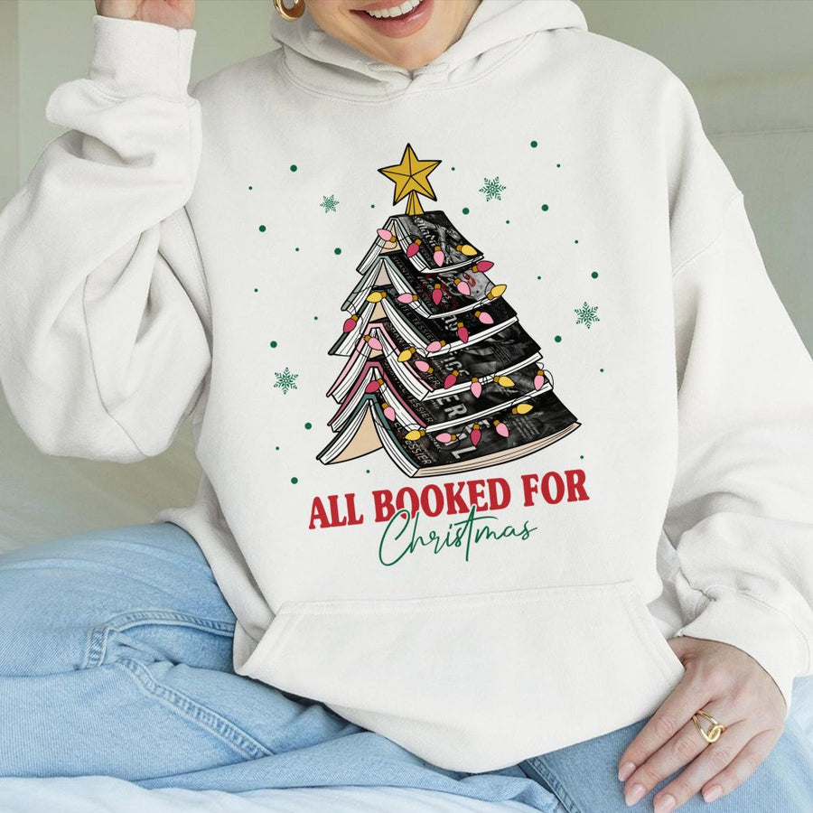 All Booked For Christmas Hoodie | Book Lover Christmas Tree Graphic | Premium Cotton Blend Sweatshirt | Cozy Gift For Readers And Librarians