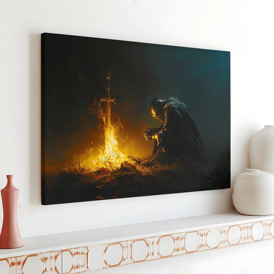 Fantasy Knight Canvas Wall Art | Kneeling Soldier at Bonfire Illustration | Premium Gallery Wrap Decor | Dark Fantasy Gamer Gift for Office