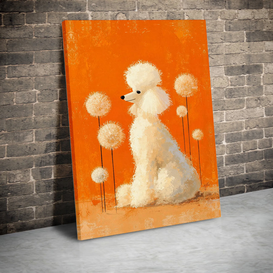 White Poodle Wall Art | Whimsical Dandelion Painting | Premium Gallery Canvas | Dog Lover Home Decor Gift