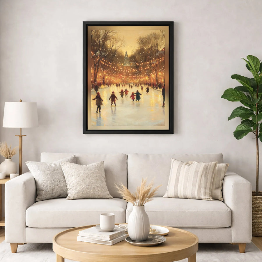 Winter Ice Skating Canvas Art | Christmas Park Lights Scene | Gallery-Quality 1.25" Profile | Festive Holiday Home Decor Wall Print