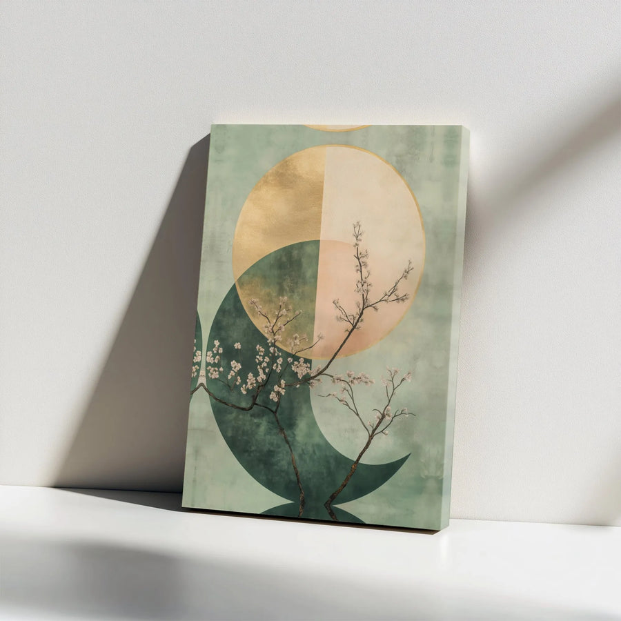 Japandi Cherry Blossom Canvas Wall Art | Minimalist Floral with Geometric Sun | Premium Gallery Wrapped Canvas | Modern Home Decor Gift