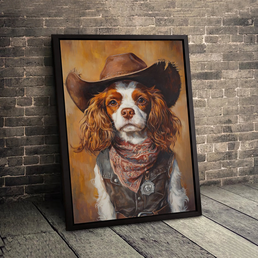 Cavalier King Charles Spaniel Wall Art | Cowboy Dog Portrait With Hat | Premium Gallery Wrap Canvas | Unique Pet Lover Gift For Home Decor