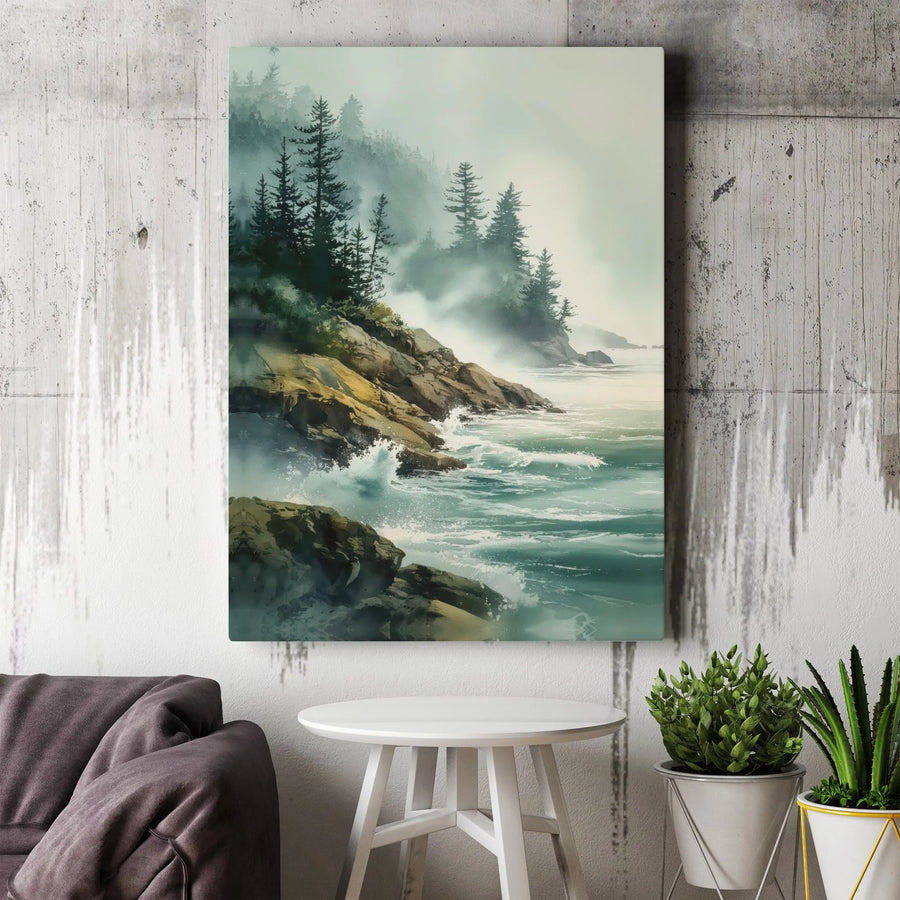 Misty Coastal Wall Art | Watercolor Ocean Landscape with Pine Forest | Premium Gallery Wrapped Canvas | Living Room Decor Gift