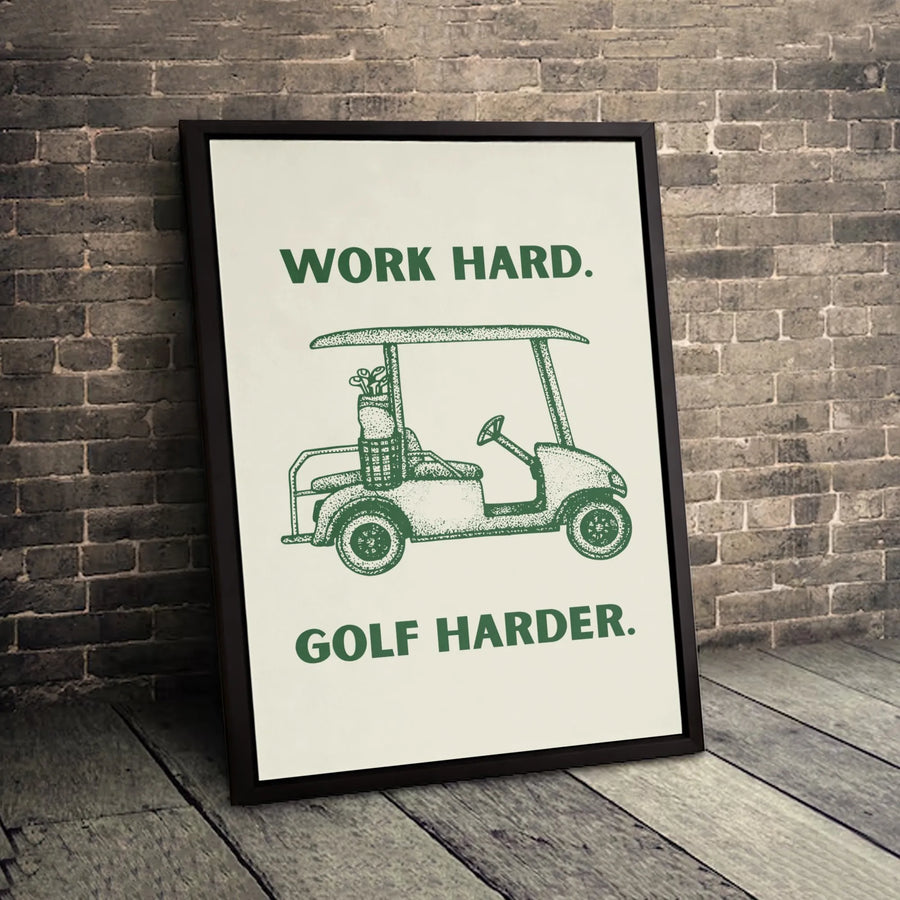 Work Hard Golf Harder Canvas Wall Art | Funny Golf Cart Quote Print | Premium Gallery Wrap Decor | Unique Golf Lover Gift for Office or Home