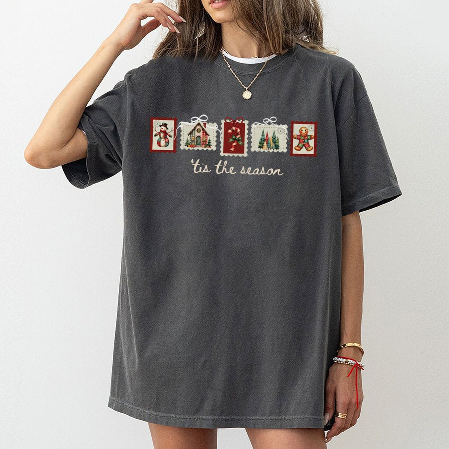 Tis The Season Christmas Stamp T-Shirt | Retro Holiday Patchwork Graphic | Premium Soft Cotton | Festive Holiday Gift For Her & Him