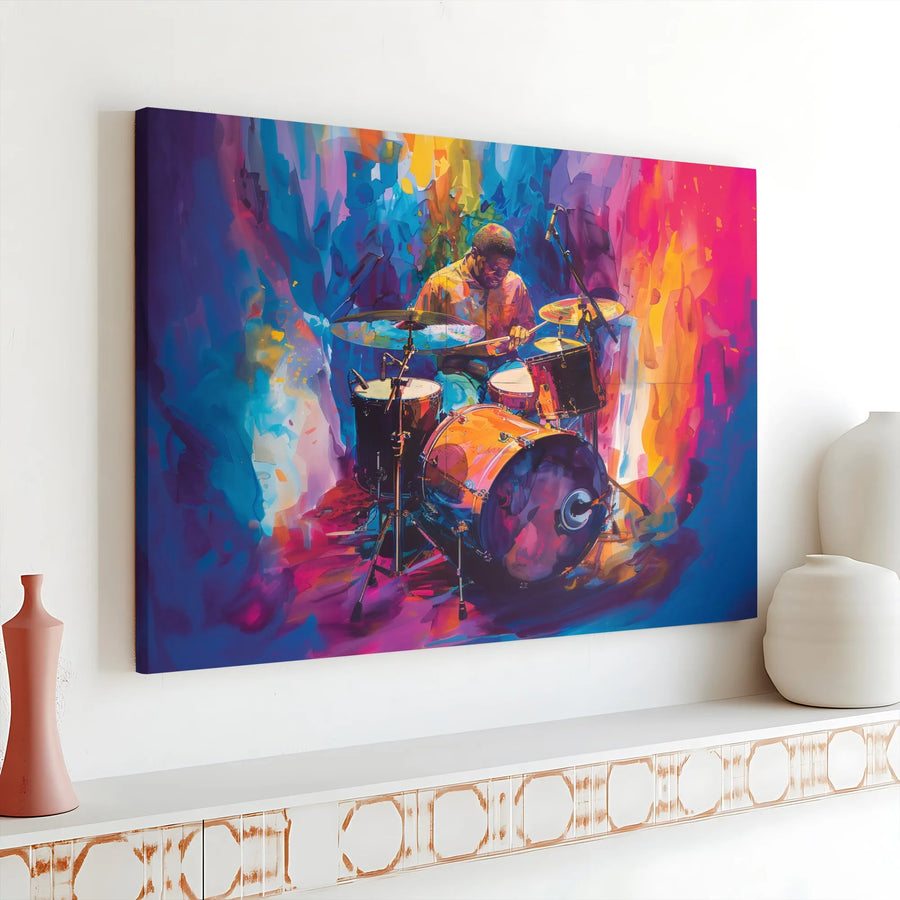 Abstract Drummer Canvas Wall Art | Vibrant Jazz Musician Painting | Premium Gallery Wrapped Canvas | Gift for Music Lover & Studio Decor