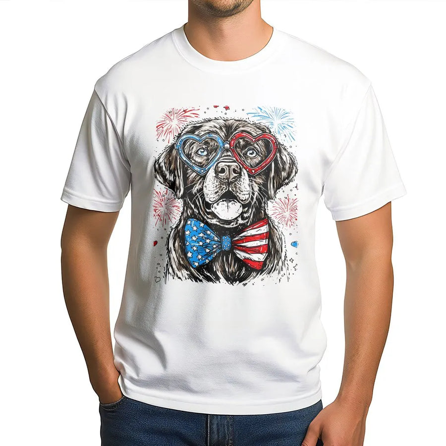 Patriotic Labrador T-Shirt | Dog with American Flag Glasses & Bow Tie | Premium Cotton Blend | 4th of July Gift for Dog Lovers