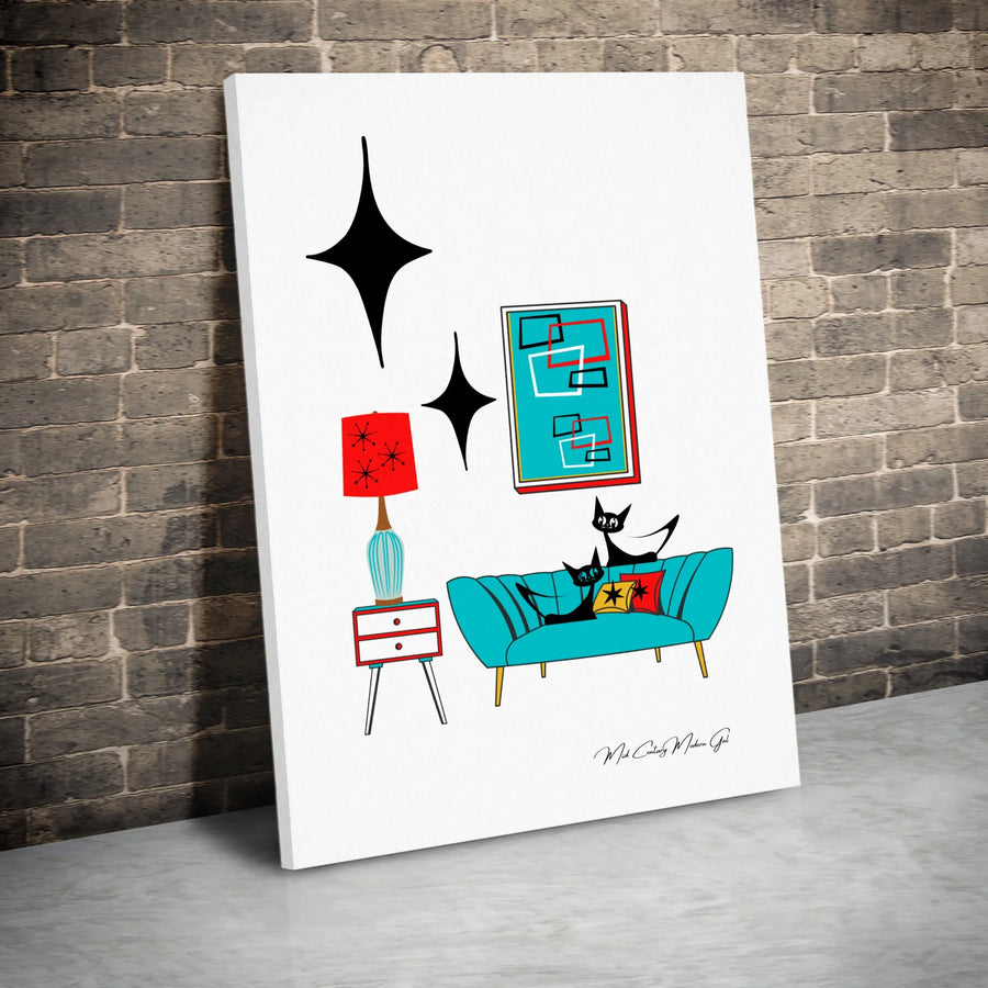 Mid Century Modern Black Cat Wall Art | Atomic Starburst Retro Decor | Premium Gallery Canvas | Aesthetic Living Room Gift for Cat Lovers