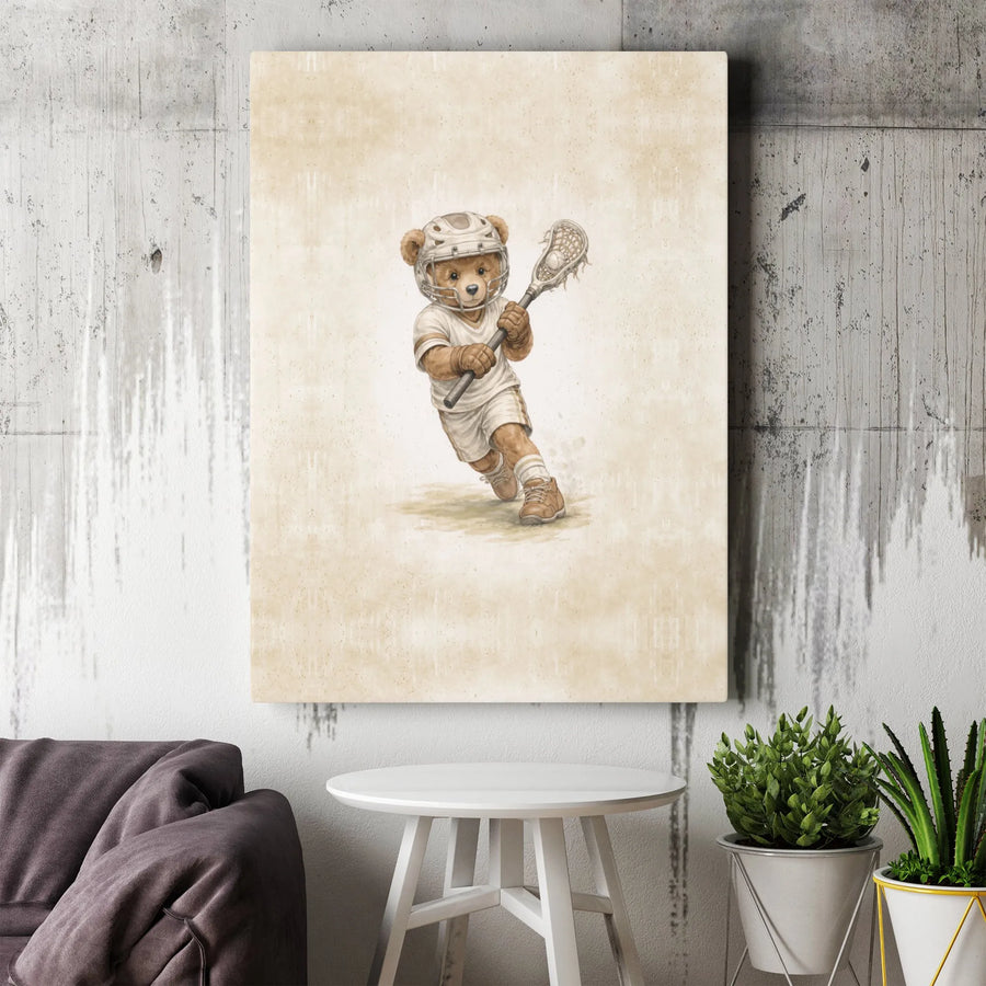 Lacrosse Bear Canvas Print | Vintage Teddy Bear Sports Art | Premium Gallery Wrapped Canvas | Kids Room Decor & Gift for Player