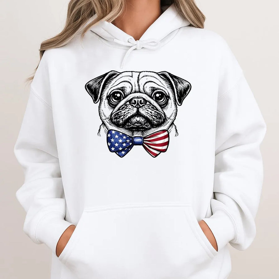 Patriotic Pug Hoodie | American Flag Bow Tie Graphic | Soft Cotton Blend Crewneck | Gift for Dog Lover, 4th of July Apparel