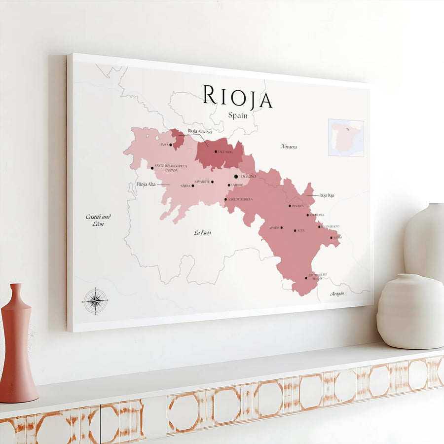 Rioja Wine Map Canvas | Minimalist Spain Vineyard Art | 1.25 Inch Gallery Wrap | Kitchen and Dining Home Decor Gift