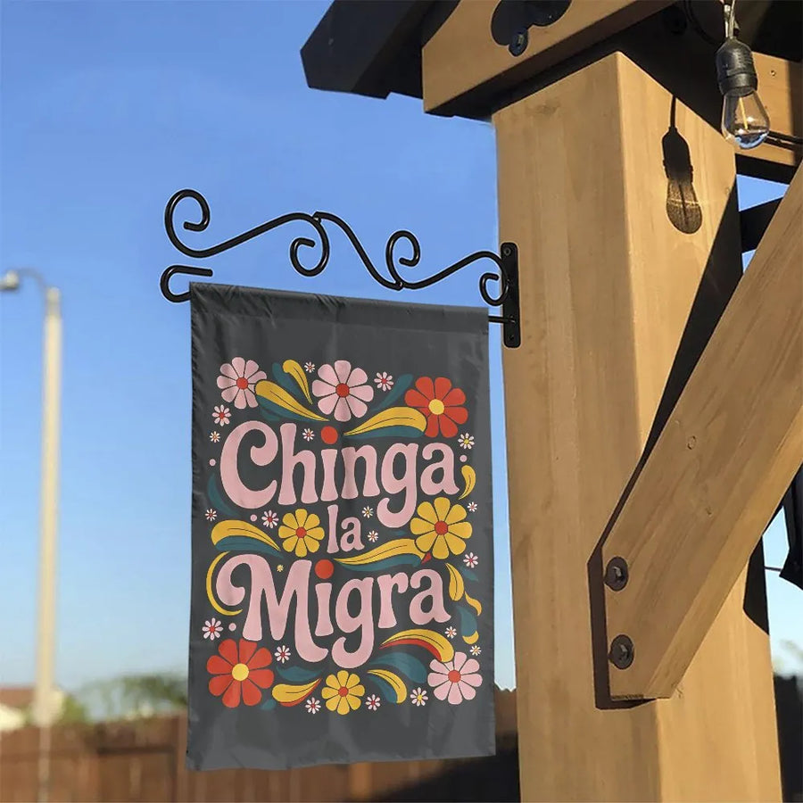 Chinga La Migra Garden Flag | Retro 70s Floral Protest Art | Weather-Resistant Polyester | Premium Latina Pride Yard Decor Gift