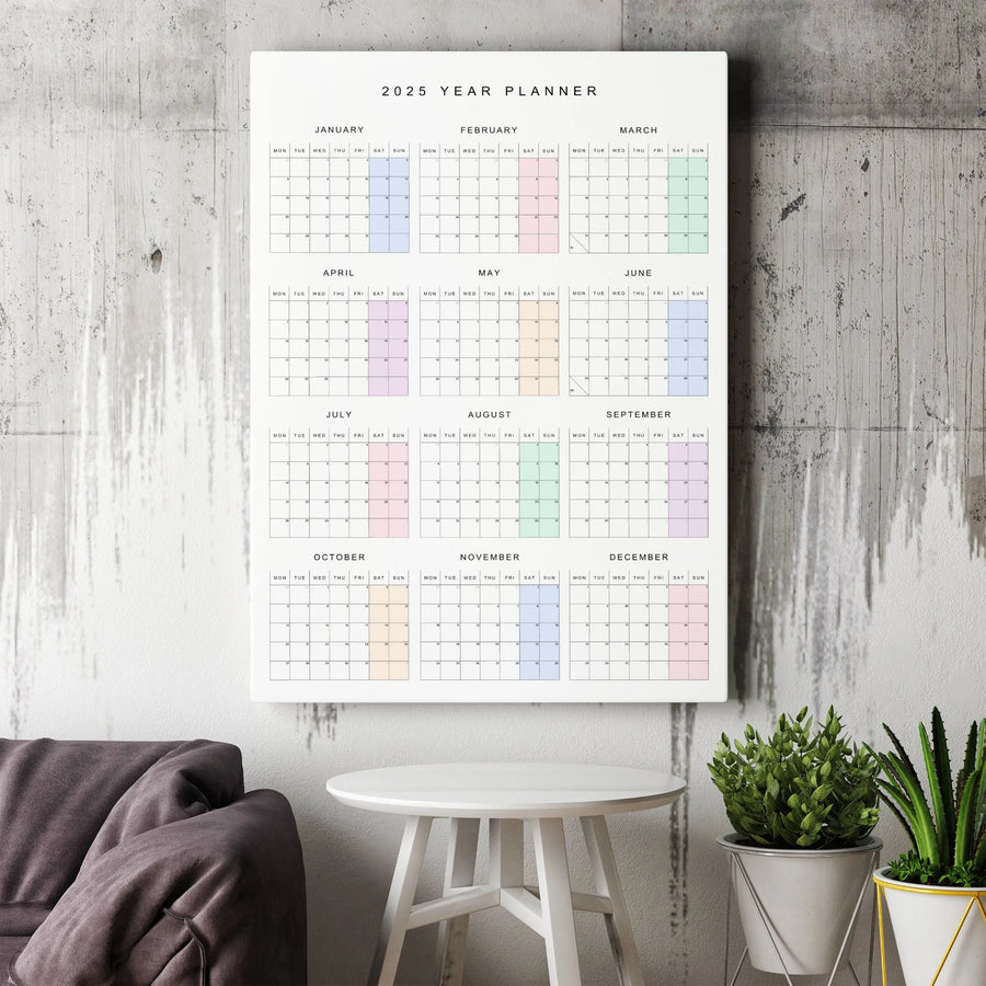 2025 Wall Calendar Canvas Print | Minimalist Pastel Yearly Planner | Gallery-Quality 1.25" Profile | Home Office Organization & Gift